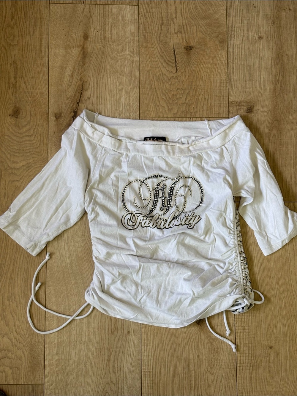 White Off-Shoulder Ruched Logo Crop Top